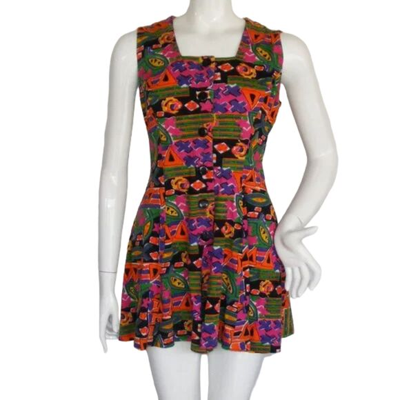 Vintage Pants - DASHERS Romper, M, Bold Print, Multicolor, VINTAGE, Shorts Sleeveless Geometric